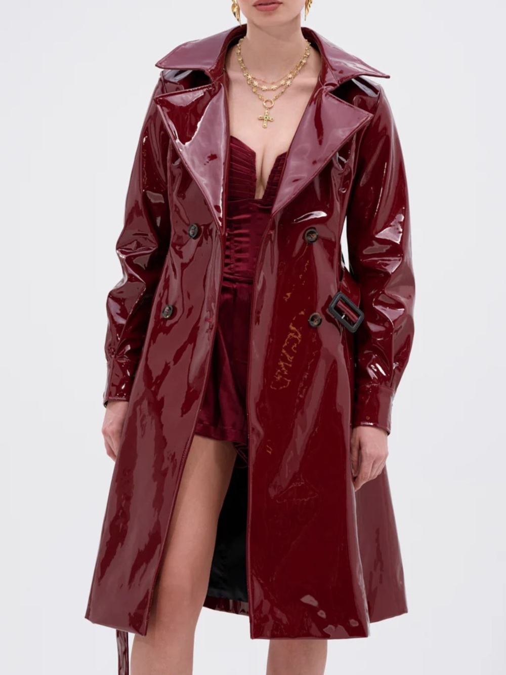AKIRA Burgundy Patent Liquid Glossy Trench Coat